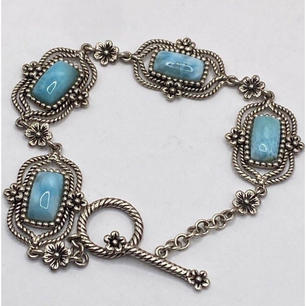 Designer 925 Sterling Silver Larimar Balinese Floral Panel Toggle Bracelet